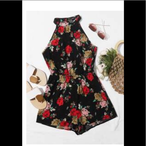 SHEIN Floral Print Halter Romper